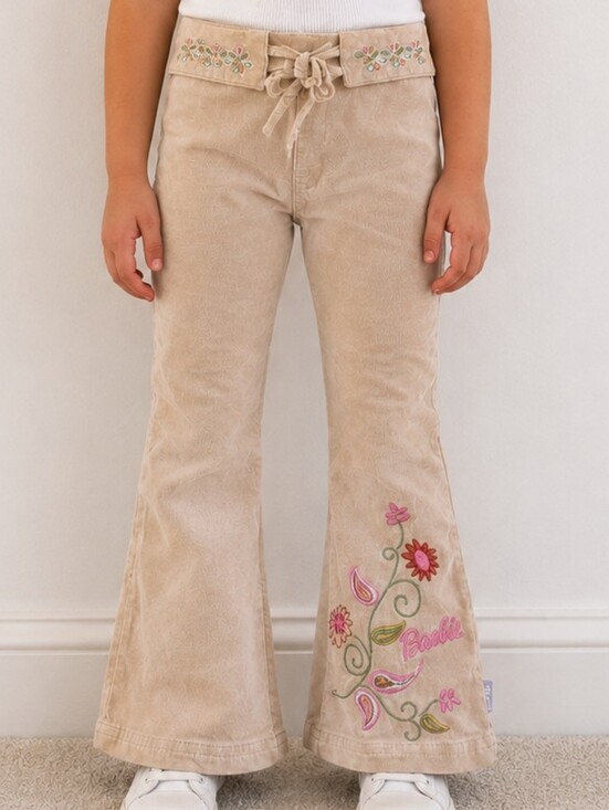 Barbie Other - Barbie Girls Beige Corduroy Flare Pants Size 5 Embroidered Floral Y2K
